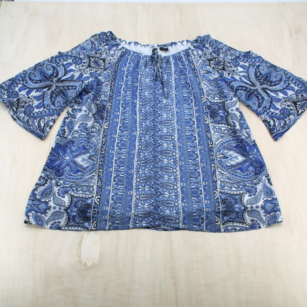 Wms Boho Paisley Cold Shoulder Blouse XL Blue Relaxed Peasant Top Festival